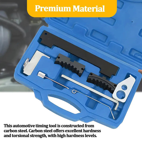 Top Shelf Car Timing Tool Kit With Hardcore Grip Camshaft Holding Belt and Shop Tested Timing Locking Kit For Auto Camshaft Tensioning and Dead Center Alignment Compatible With 16V 1.4 1.6 1.8 En6340 Km6340 Blue in a blue case showing various tools inside.