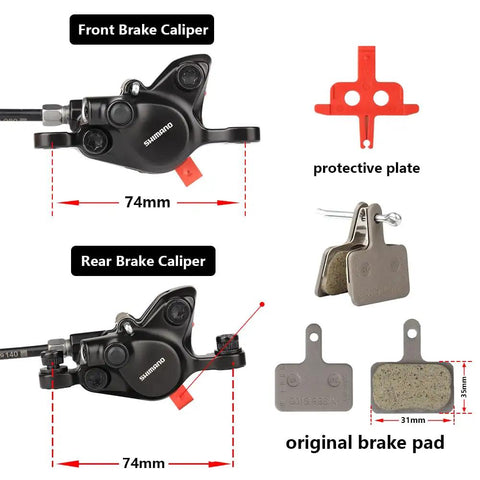 MT200 Hydraulic Disc Brake Set for Mountain Bikes dual piston calipers with protective plate and original brake pads