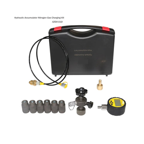XZGK-01D Digital Hydraulic Accumulator Nitrogen Charging Tools And Pressure Test Kit with valves, gauges, and connectors displayed.