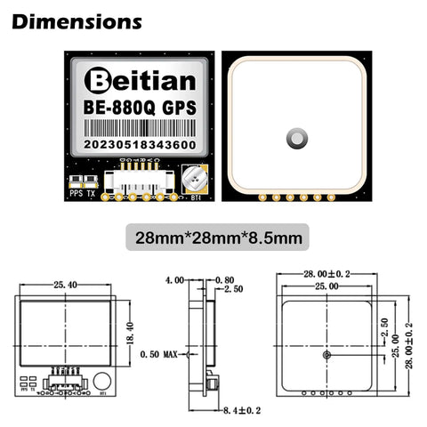 Dimensions of BE-880Q GPS Module With Flash Memory And QMC5883L Compass, showing 28mm x 28mm x 8.5mm