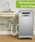 No Sweat Portable Dishwasher In Brushed Platinum Steel Compact Countertop Appliance Featuring Eight Place Settings Basket Tray And Whisper Quiet Cycle For Breezy Daily Washing connected to drain pipe under kitchen sink.