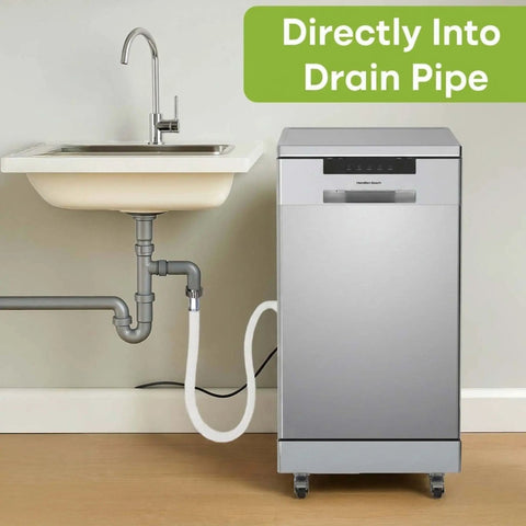 No Sweat Portable Dishwasher In Brushed Platinum Steel Compact Countertop Appliance Featuring Eight Place Settings Basket Tray And Whisper Quiet Cycle For Breezy Daily Washing connected to drain pipe under kitchen sink.