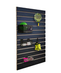 24 By 40 Inch Black Slatwall Panel for Retail and Garage Setup with mounted sports equipment and storage baskets