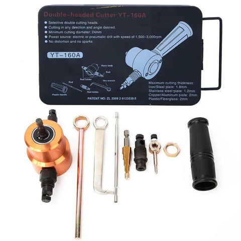 360 Degree Double Head Sheet Metal Cutter For DIY Cutting And Car Repair, tool components laid out with instruction guide