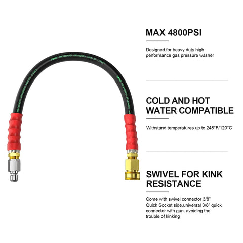 POHIR 3/8-inch pressure washer whip hose, 2 ft length, black hose with red grips and brass quick-connect fittings.