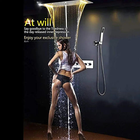 Top Shelf Thermostatic LED Shower System With Ceiling Mounted Rain Showerhead And Solid Brass Handheld Sprayer Plus Anti Scald Multi Function Bathroom Faucet Set That Runs Smooth Without Skipping A Beat in a modern shower.