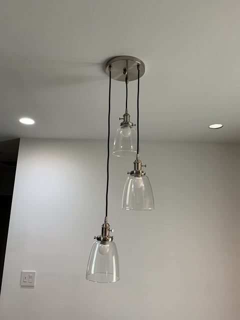 Three Light Industrial Pendant Lighting With Clear Glass Pendants For Kitchen Island And Dining Room, Brushed Steel Finish