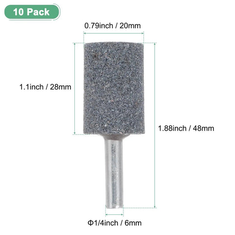 10 Pack Abrasive Mounted Stone Grinding Bits With One Quarter Inch Shank For Rotary Tools Aluminum Oxide Polishing Sanding Bits 0.79 Inch Diameter 80 Grit Cylinder Gray Great For Metal Jewelry Jade Glass Stone Wood, dimensions shown.