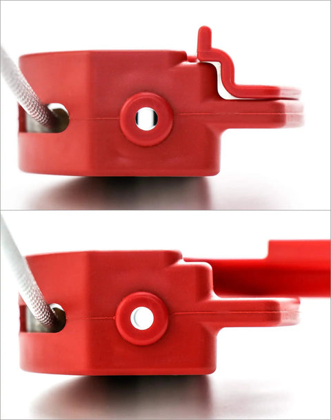 Lockout Tagout Safety Cable Lock close-up of adjustable red padlock with steel wire, showing safe locking mechanism.
