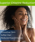 Woman enjoying benefits of 2 Pack Shower Filter Replacement Cartridges For SF7C System RCSF7 Filters with chlorine reduction.