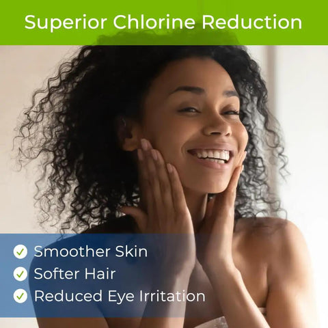 Woman enjoying benefits of 2 Pack Shower Filter Replacement Cartridges For SF7C System RCSF7 Filters with chlorine reduction.