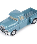 1955 Blue Chip Pickup Truck Diecast Model Car In Light Blue One Twenty Four Scale With Real Rubber Tires top view