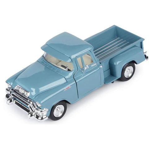1955 Blue Chip Pickup Truck Diecast Model Car In Light Blue One Twenty Four Scale With Real Rubber Tires top view