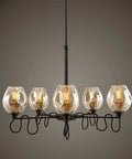 Industrial Six Light Ceiling Pendant With Amber Glass Shade Vintage Iron Chandelier For Bars Cafes Living Rooms Solid Construction Energy Saving Fixtures with glass shades and smooth iron frame.