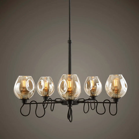 Six Light Industrial Chandelier Featuring Warm Amber Glass Shades And Heavy Duty Iron Frame Perfect For Upscale Cafes Bars delivering a chill retro vibe.