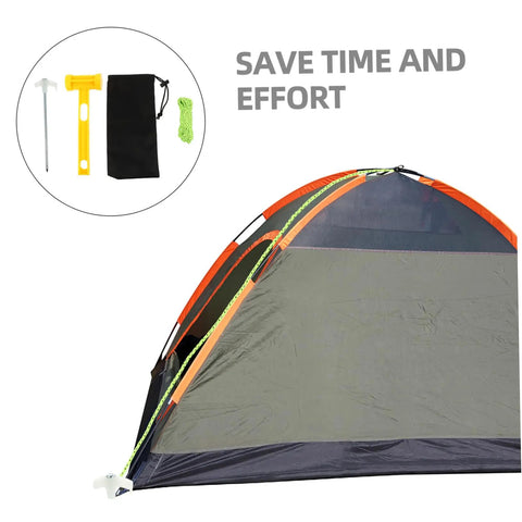 Glow In The Dark Tent Pegs Kit With Hammer And 5M Rope, 10 Steel Stakes For Camping, Beach Or Outdoor Adventures beside a tent