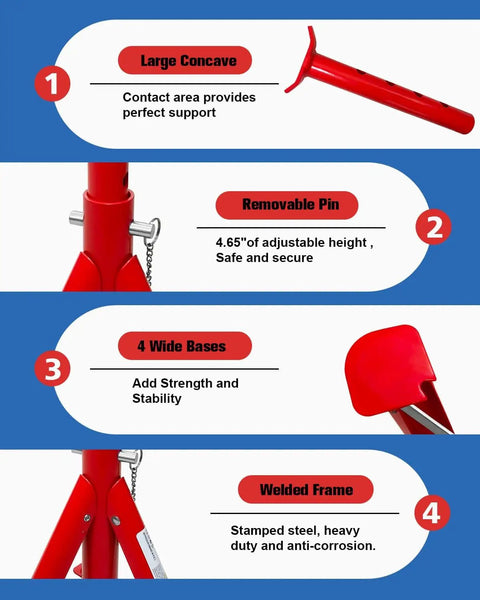 Diagram of 3 Ton Foldable Jack Stands For Trucks And SUVs With Adjustable Height 11.42 To 16.06 Inches Safety Pin Built Tough Steel Red