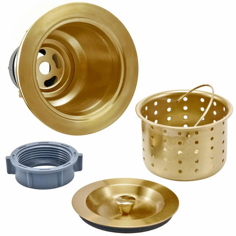 Three And One Half Inch Brass Kitchen Sink Drain Kit With Stainless Steel Construction Includes Strainer Basket Waste Basket Strainer Assembly And Sealing Lid For Standard Openings From Three Point Two Three To Four Point Four Five Inches displayed with parts