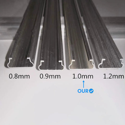 Close-up of aluminum U channels in different sizes for Six Point Six Ft Greenhouse Lock Channel And Spring Wire Set.