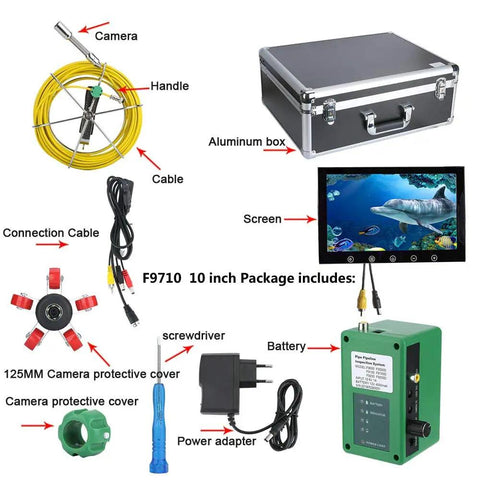 Heavy Duty Waterproof Borescope Inspection Camera With 30 Meter Line And 22 Millimeter Probe For Drain And Sewer Checks, showing accessories including screen and cables.