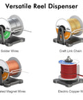 Heavy Duty Reel Stand Dispenser For Solder Wire Spools And Magnet Wire Rolls Aluminum Desktop Or Wall Mount Holder displayed holding various wires and chains