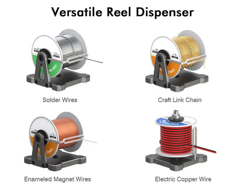 Heavy Duty Reel Stand Dispenser For Solder Wire Spools And Magnet Wire Rolls Aluminum Desktop Or Wall Mount Holder displayed holding various wires and chains