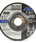 Front view of Black Hawk 4.5-inch Type 27 depressed-center grinding wheel for metal with 7/8 in arbor.