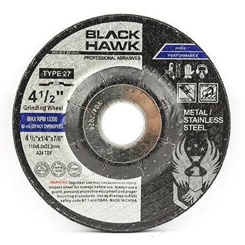 Front view of Black Hawk 4.5-inch Type 27 depressed-center grinding wheel for metal with 7/8 in arbor.