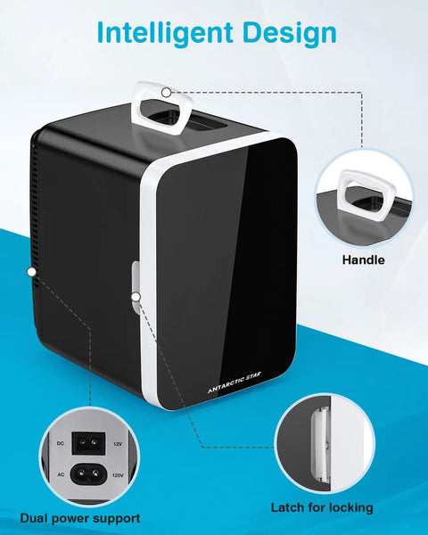10L Portable Mini Fridge For Dorm, Office And Desk Use Black 2.6 Gal Compact Cooler With AC And DC Adapters, shown from front