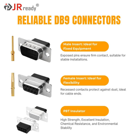 Top Notch 20 AWG Gold Plated DB9 Pins Sockets With Crimp Terminals And Pin Removal Tool For DRK-D Sub Connectors showcasing male and female inserts.