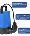Beefed Up 1 HP Submersible Sump Pump With 4500 GPH Flow highlighting portable handle, 20 ft power cord, and thermoplastic material