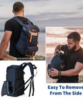Man using Large Capacity Multi Functional Waterproof Camera Backpack Travel Bag for SLR Gear at beach, side view removal detail.