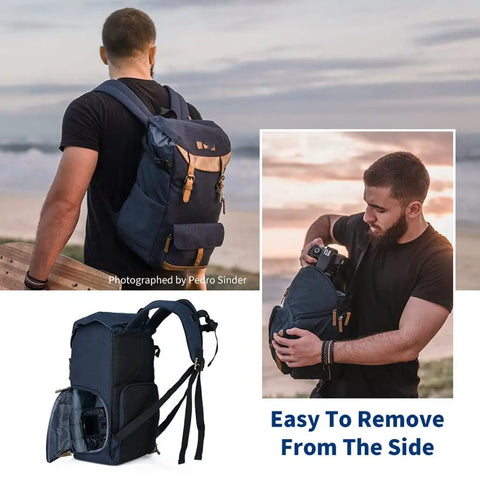Man using Large Capacity Multi Functional Waterproof Camera Backpack Travel Bag for SLR Gear at beach, side view removal detail.