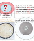 Diagram showing Dope Tempered Glass Turntable Kitchen Lazy Susan sizes with packaging details and table compatibility info.
