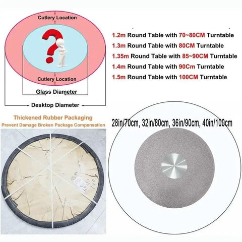 Diagram showing Dope Tempered Glass Turntable Kitchen Lazy Susan sizes with packaging details and table compatibility info.