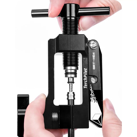 Close-up of Hydraulic Brake Hose Fitting Kit With Insert Needle Driver Olive And Banjo Head Press Tool in use for clean cuts