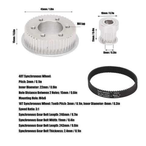 Beefy Aluminum Alloy Synchronous Gear And Belt Kit For Electric Skateboards With A 3 To 1 Gear Ratio, size details visible