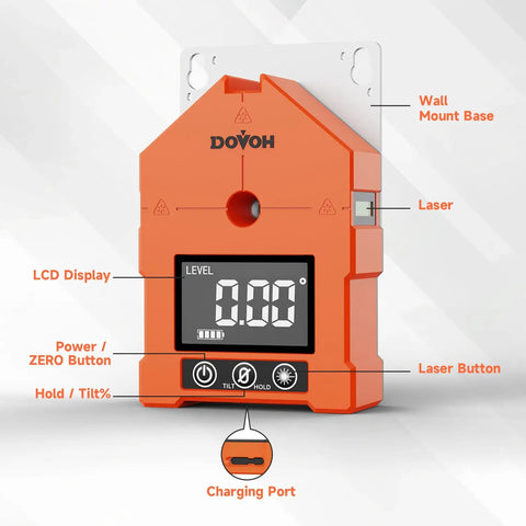 Pro Grade Three In One Digital Angle Finder With Laser And Digital Level Gauge For Woodworking And DIY Projects, Precise Angles, Clear Laser Line Projection, Compact And Easy To Use, A Must Have Handy Tool, orange unit with LCD, laser, wall mount base