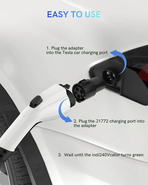 Sae J1772 To Tesla Charging Adapter Plug And Go With 80 Amp 240 Volt Max For Model Three Y X S showing easy connection steps.