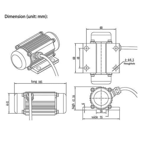 Dimension diagram of Heavy Duty 30W DC Brushless Vibration Motor 12V 7000RPM with measurements in mm.