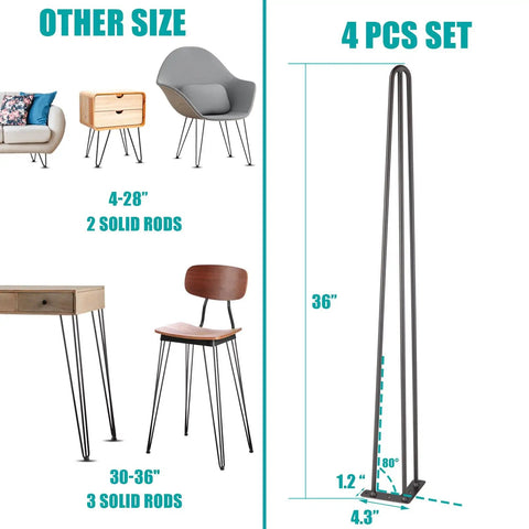 36 Inch Hairpin Table Legs Set Of 4 Built Tough For DIY Furniture Projects Heavy Duty 3 Rods Satin Black For Dining Desk
