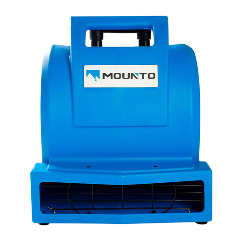 Front view of blue Three Speed 1HP Air Mover With 4000 CFM For Fast Floor And Carpet Drying Heavy Duty Rotomold Housing Handy Wheel Kit