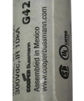 30 Amp Class G Time Delay Fuse For 480V Systems close-up, showing white body with metal ends, 300 VDC, labeled details visible