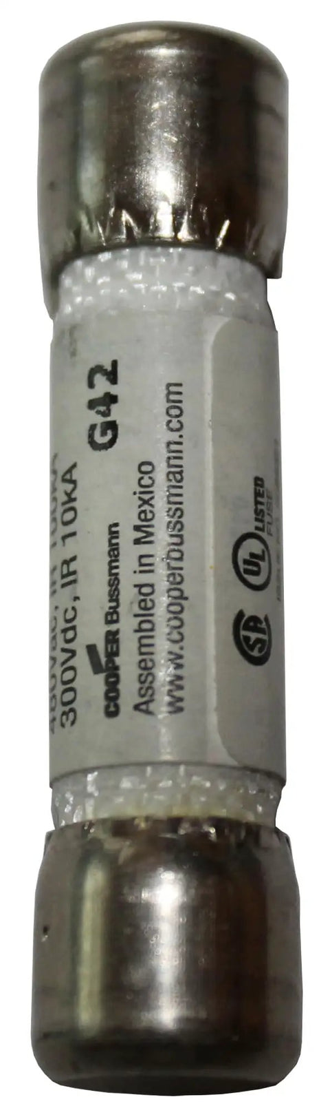 30 Amp Class G Time Delay Fuse For 480V Systems close-up, showing white body with metal ends, 300 VDC, labeled details visible