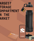 Sneaky 13.5oz Water Bottle With Dope Hidden Wallet Pocket showing open compartment with phone, card, cash next to bottle.