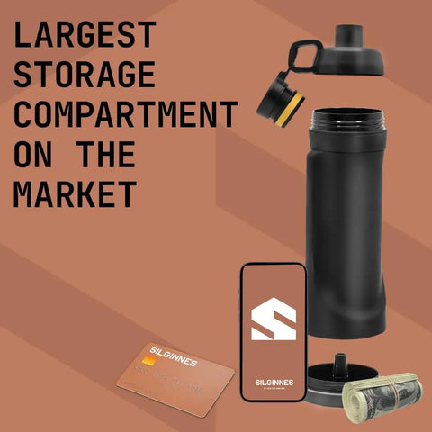 Sneaky 13.5oz Water Bottle With Dope Hidden Wallet Pocket showing open compartment with phone, card, cash next to bottle.