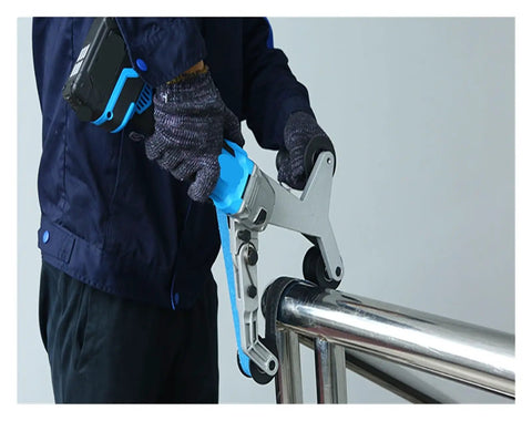 Person using Rig Ready Pipe Belt Sander And Tube Grinder for 360 degree polish on steel pipe with adjustable angle head.