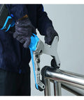 Heavy Duty Pipe Belt Sander Tube Grinder in use on curved metal pipe, showing tool detail and operator handling.