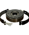 Brake drum assembly with two curved shoes and splined hub for Case IH tractors.