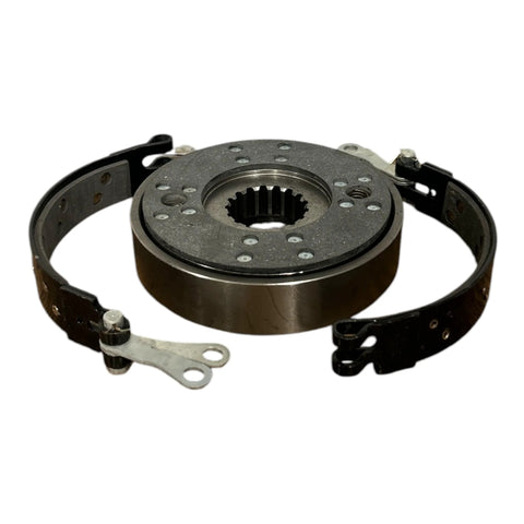Brake drum assembly with two curved shoes and splined hub for Case IH tractors.